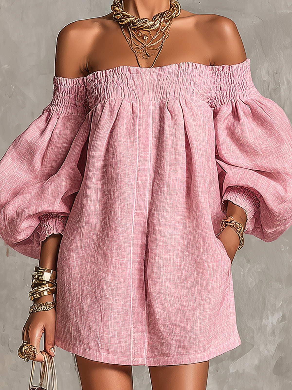 Iris | Pink Off-shoulder Lantern Sleeve A-line Loose Mini Dress