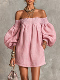Pink Off-Shoulder Lantern Sleeve a-Line Loose Mini Dress