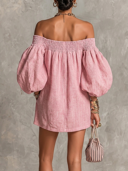 Pink Off-Shoulder Lantern Sleeve a-Line Loose Mini Dress