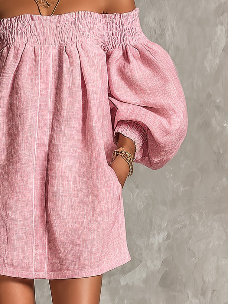 Iris | Pink Off-shoulder Lantern Sleeve A-line Loose Mini Dress