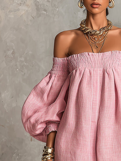 Iris | Pink Off-shoulder Lantern Sleeve A-line Loose Mini Dress