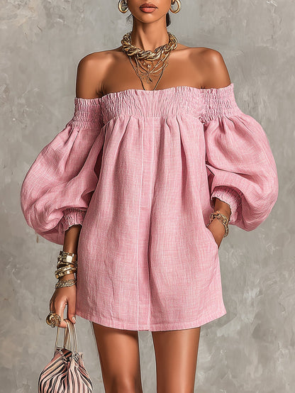 Iris | Pink Off-shoulder Lantern Sleeve A-line Loose Mini Dress