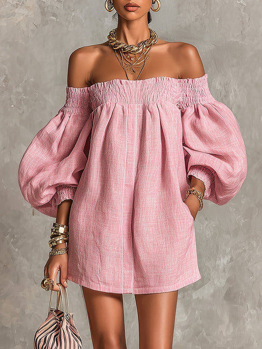 Iris | Pink Off-shoulder Lantern Sleeve A-line Loose Mini Dress