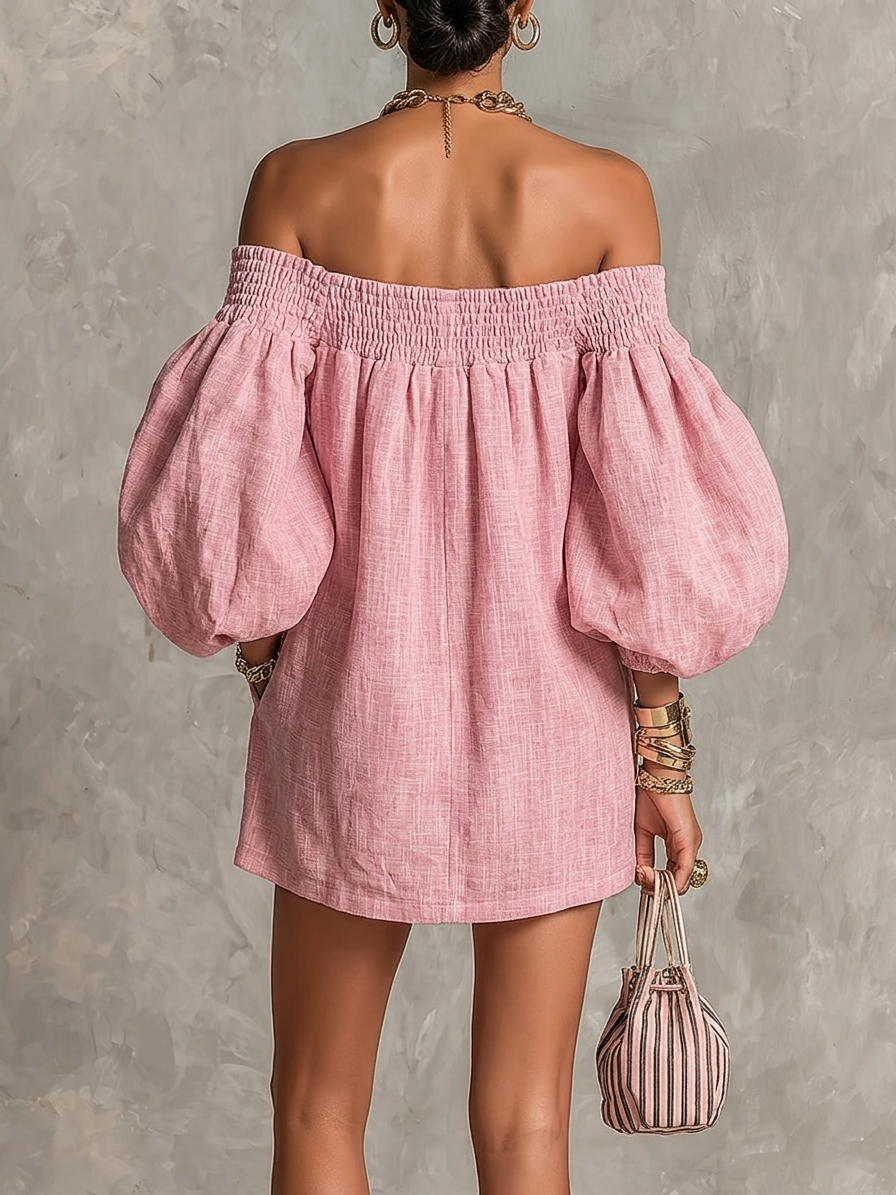 Iris | Pink Off-shoulder Lantern Sleeve A-line Loose Mini Dress