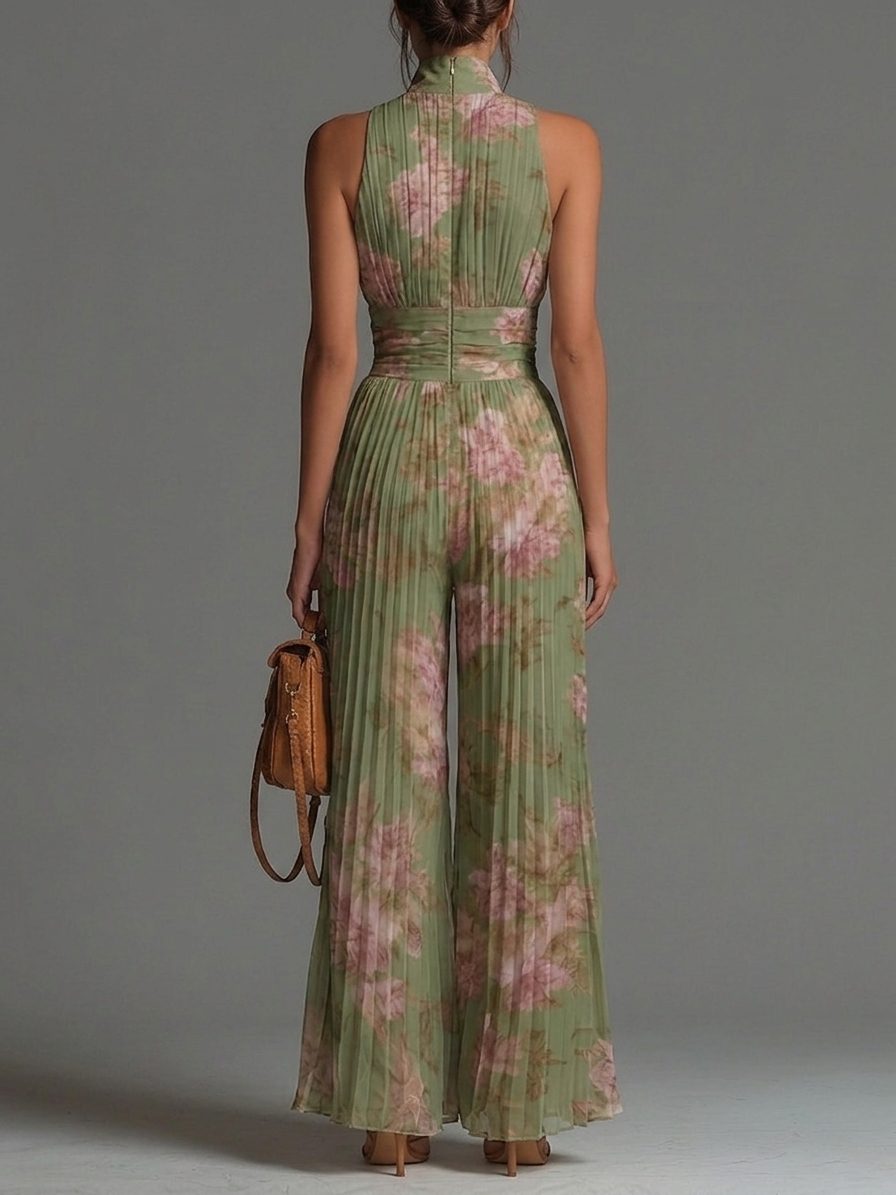 Vivienne | Green Floral V-neck Sleeveless Zip-up Pleated Wide-leg Chiffon Jumpsuit