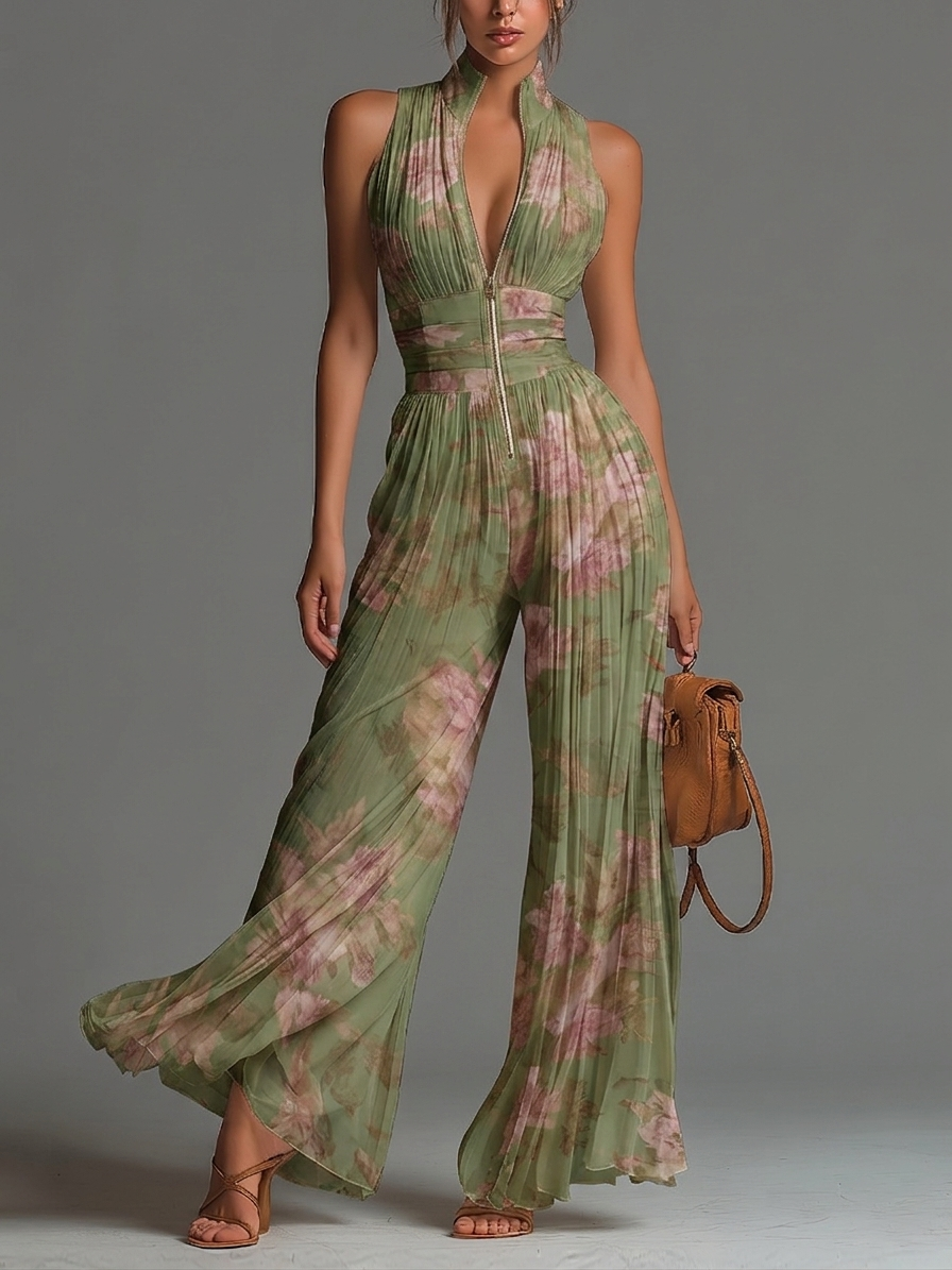 Vivienne | Green Floral V-neck Sleeveless Zip-up Pleated Wide-leg Chiffon Jumpsuit