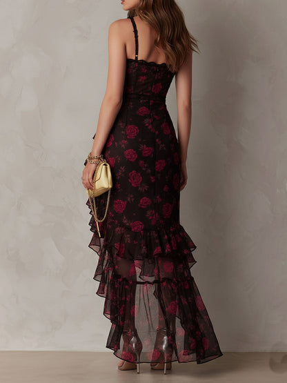 Vera | Chic Black and Red Floral Ruched Ruffle Hem Dress