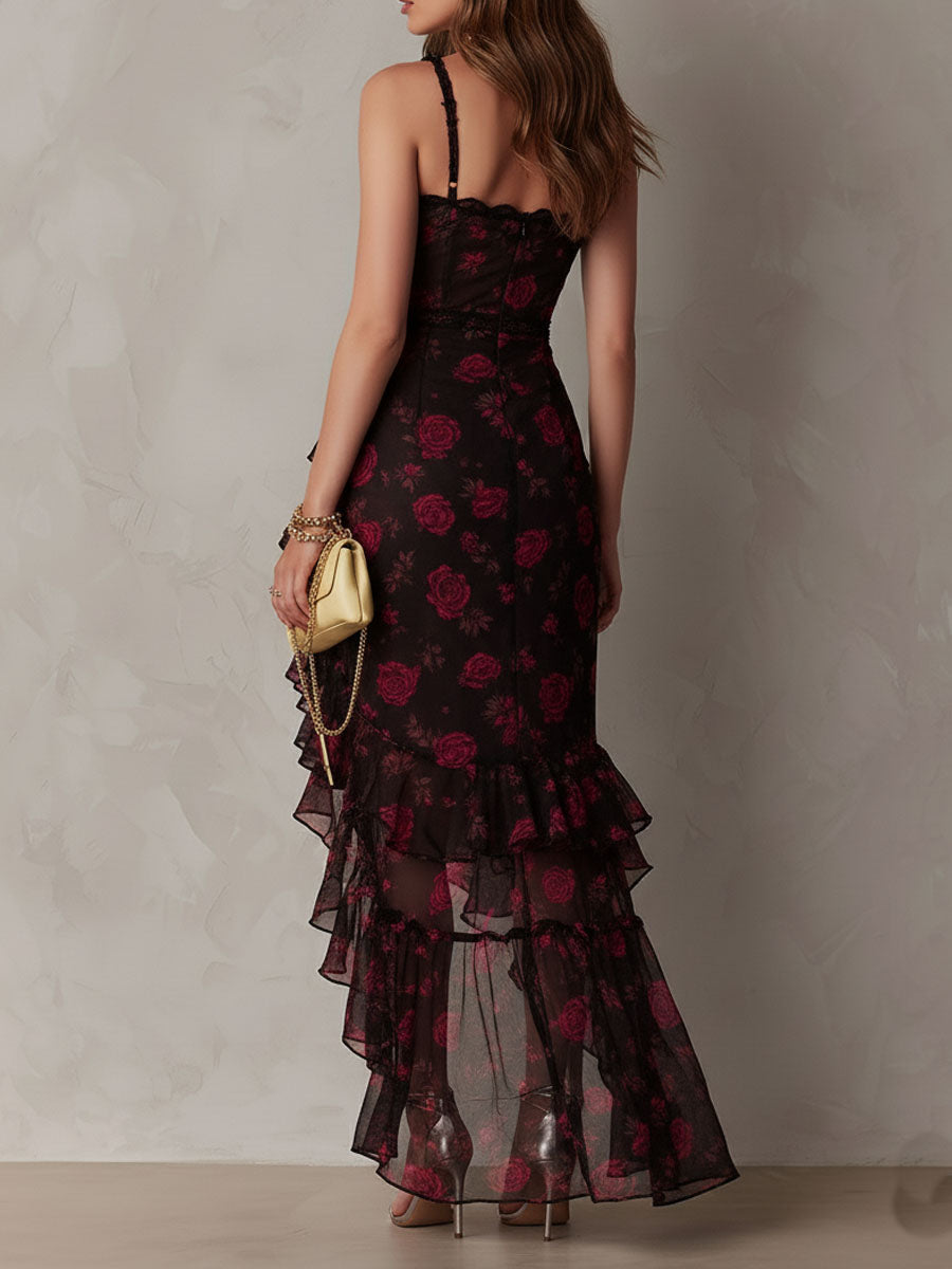 Edith | Black Red Floral Ruched Ruffle Mini Dress