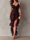 Edith | Black Red Floral Ruched Ruffle Mini Dress