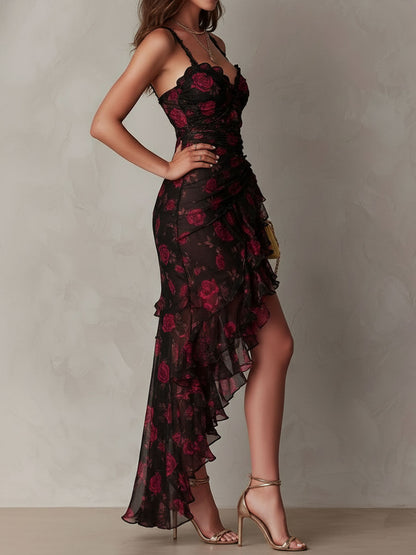 Renata | Black & Red Floral Ruffle | Hem Dress