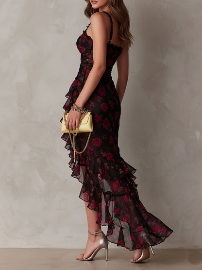 Vera | Chic Black and Red Floral Ruched Ruffle Hem Dress