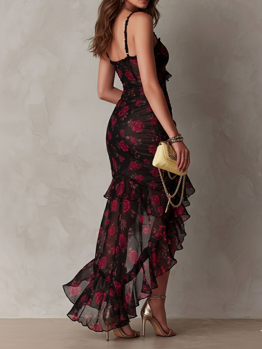 Edith | Black Red Floral Ruched Ruffle Mini Dress