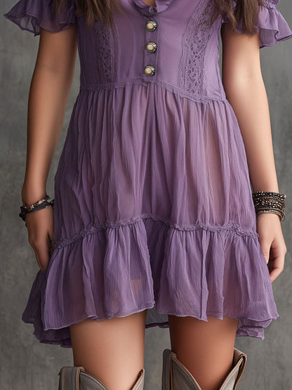 Purple Puff-Sleeved Ruffled Button-Down Chiffon Mini Dress
