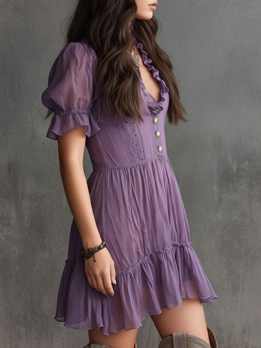 Purple Puff-Sleeved Ruffled Button-Down Chiffon Mini Dress