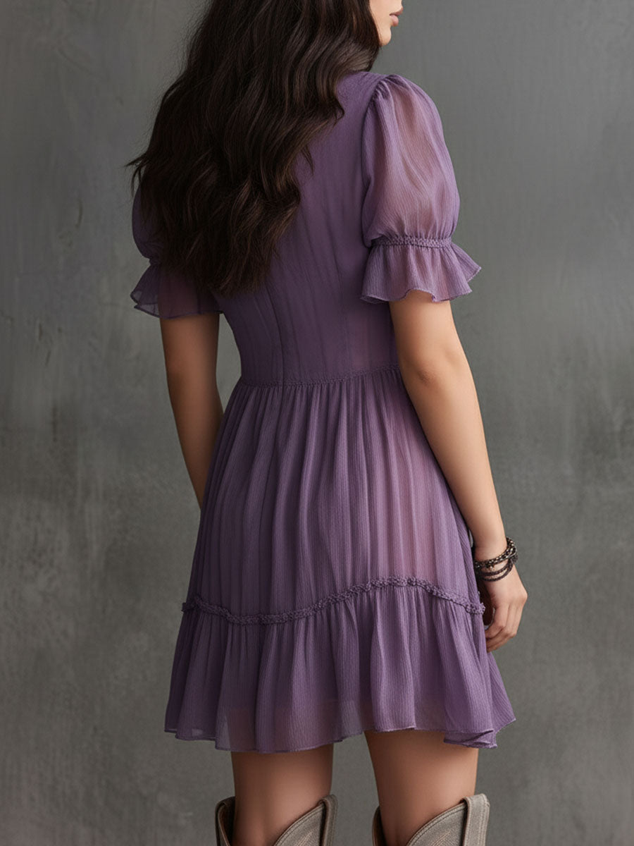 Purple Puff-Sleeved Ruffled Button-Down Chiffon Mini Dress