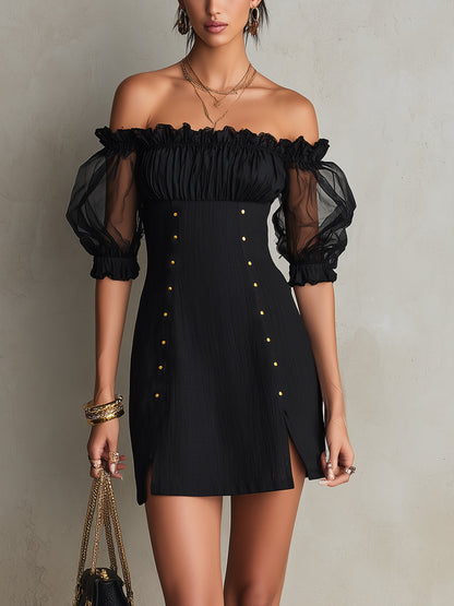 Susan | Black Mini Dress with Off-shoulder Design, Puff Sleeves, and Studs