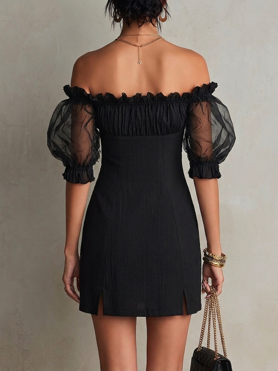 Susan | Black Mini Dress with Off-shoulder Design, Puff Sleeves, and Studs