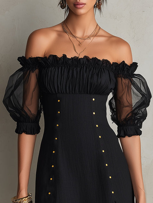 Susan | Black Mini Dress with Off-shoulder Design, Puff Sleeves, and Studs