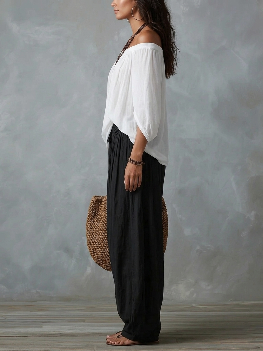 Tessa | White Off-the-shoulder Top and Loose-fitting Lantern Pants Set