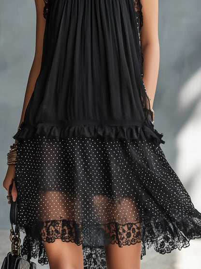 Myla | Black Mini Dress with Transparent Polka Dots, Lace Trim, and Ruffles
