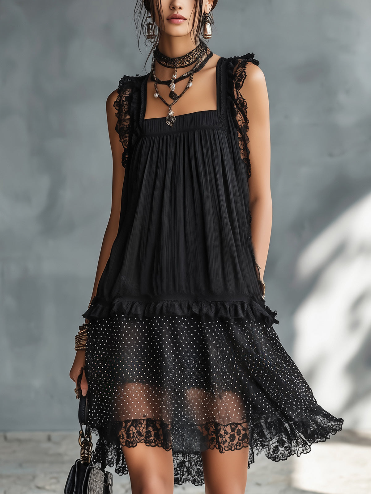 Myla | Black Mini Dress with Transparent Polka Dots, Lace Trim, and Ruffles