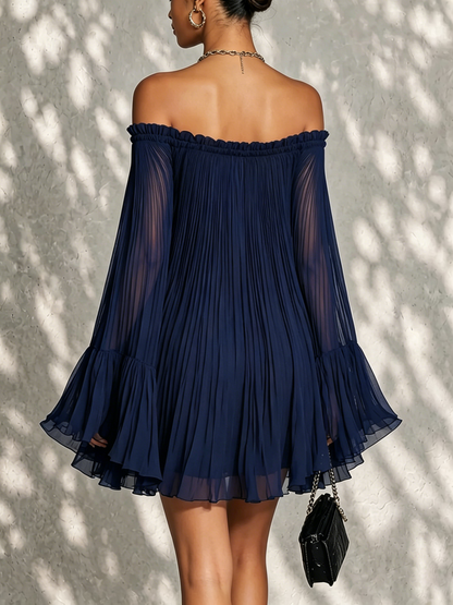 Navy Off-Shoulder Ruffled Bell Sleeve Mini Dress