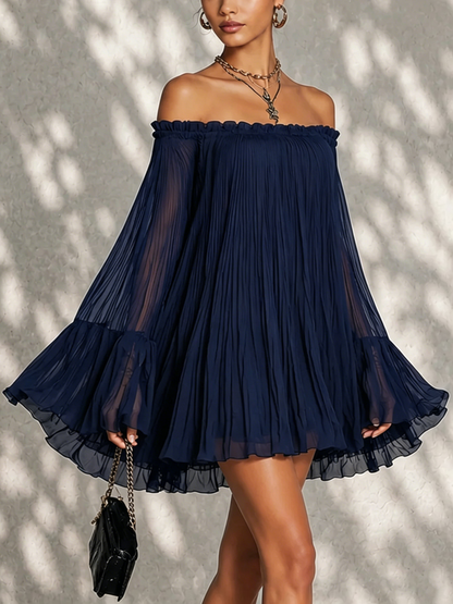 Navy Off-Shoulder Ruffled Bell Sleeve Mini Dress