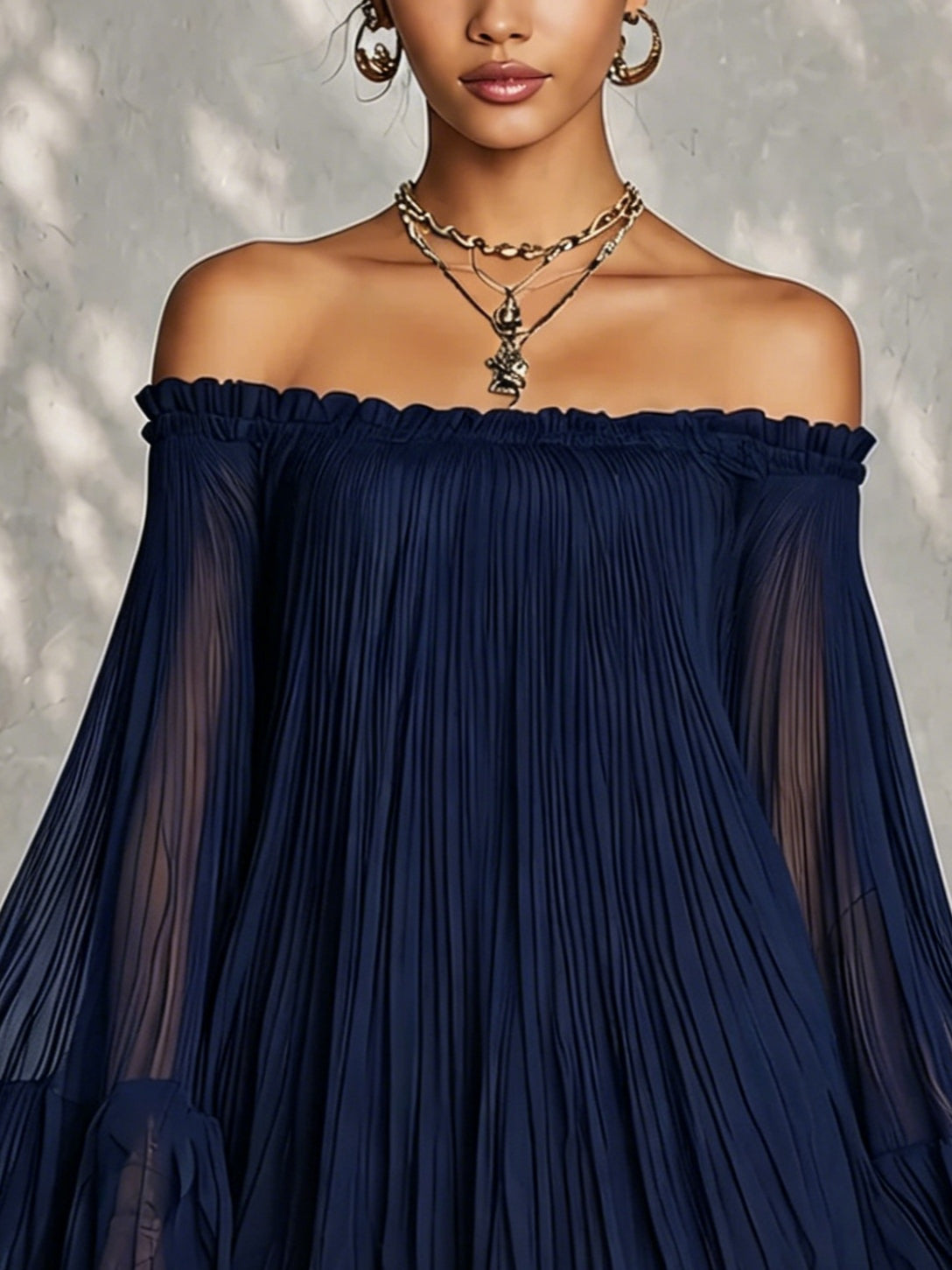 Navy Off-Shoulder Ruffled Bell Sleeve Mini Dress