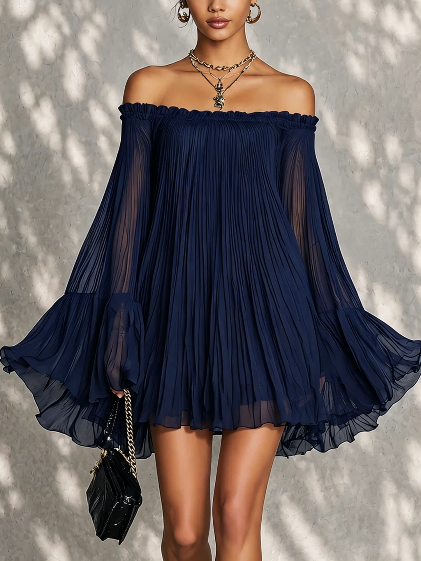 Navy Off-Shoulder Ruffled Bell Sleeve Mini Dress