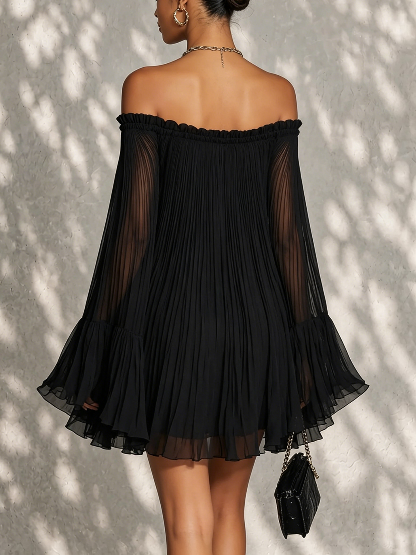 Black Off-Shoulder Ruffled Bell Sleeve Mini Dress