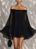 Black Off-Shoulder Ruffled Bell Sleeve Mini Dress