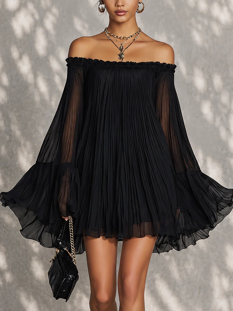Flora | Black Off-shoulder Ruffled Bell Sleeve Mini Dress