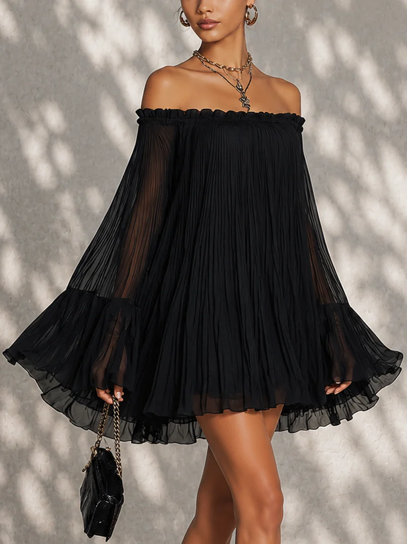 Black Off-Shoulder Ruffled Bell Sleeve Mini Dress