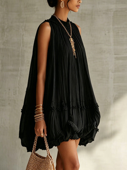 Valentina | Black Pleated Chiffon Mini Dress with Elegant Halternec