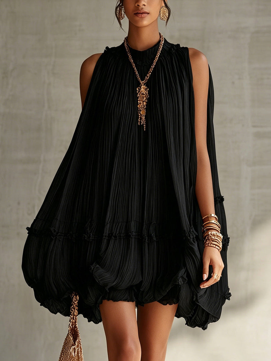 Valentina | Black Pleated Chiffon Mini Dress with Elegant Halternec
