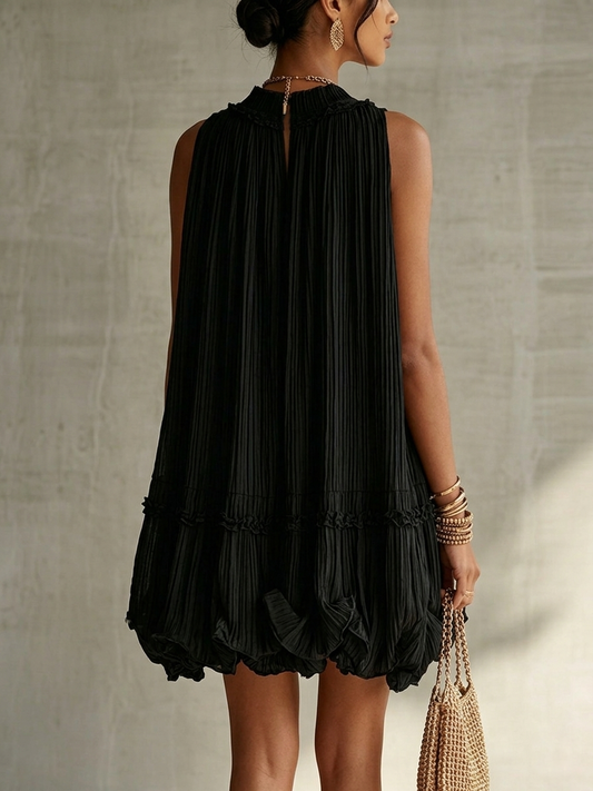 Valentina | Black Pleated Chiffon Mini Dress with Elegant Halternec