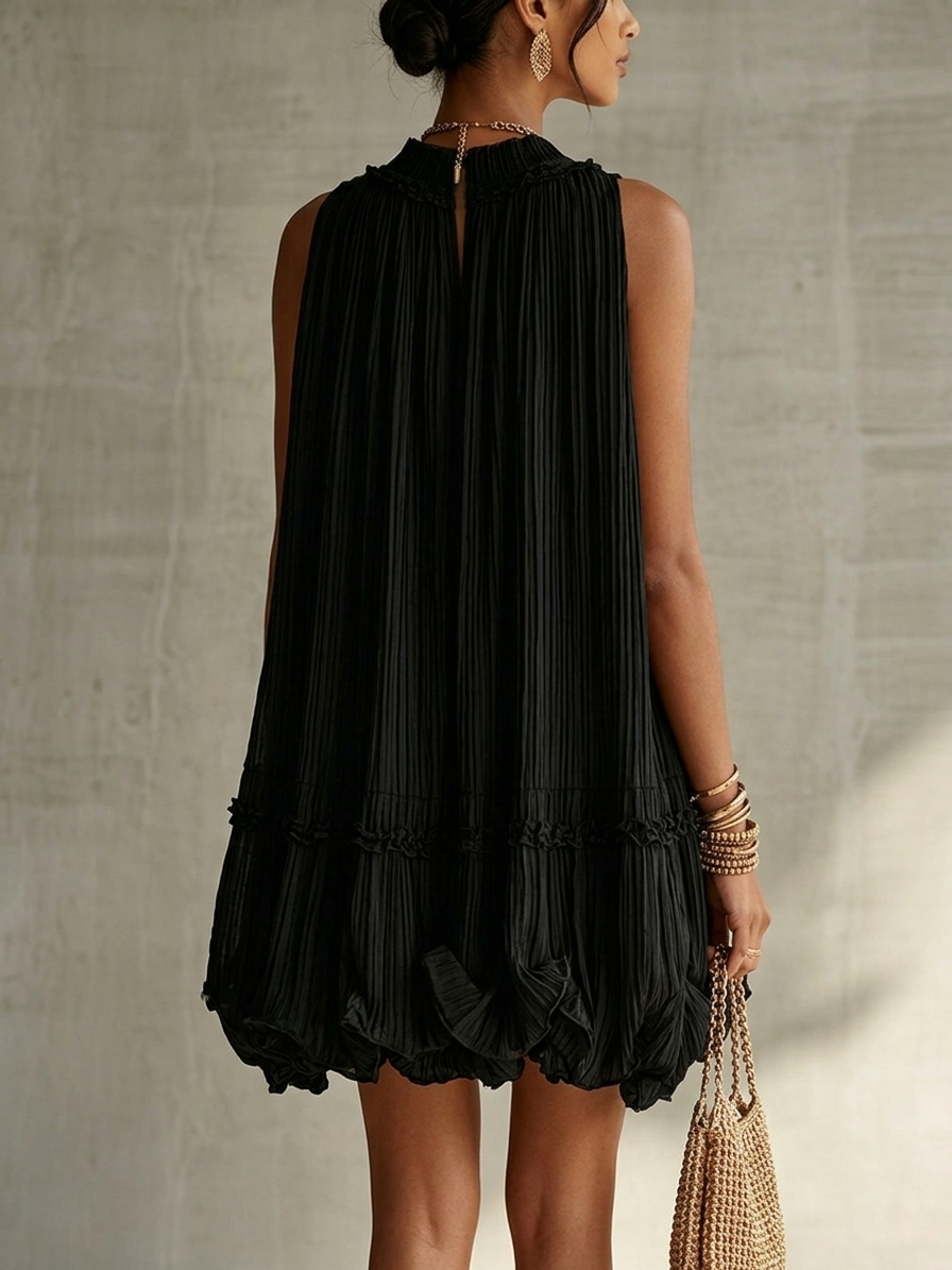 Valentina | Black Pleated Chiffon Mini Dress with Elegant Halternec