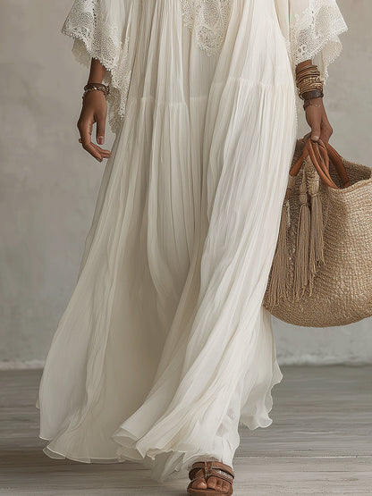 Laurel | White Lace V-neck Batwing Sleeve Chiffon Maxi Dress