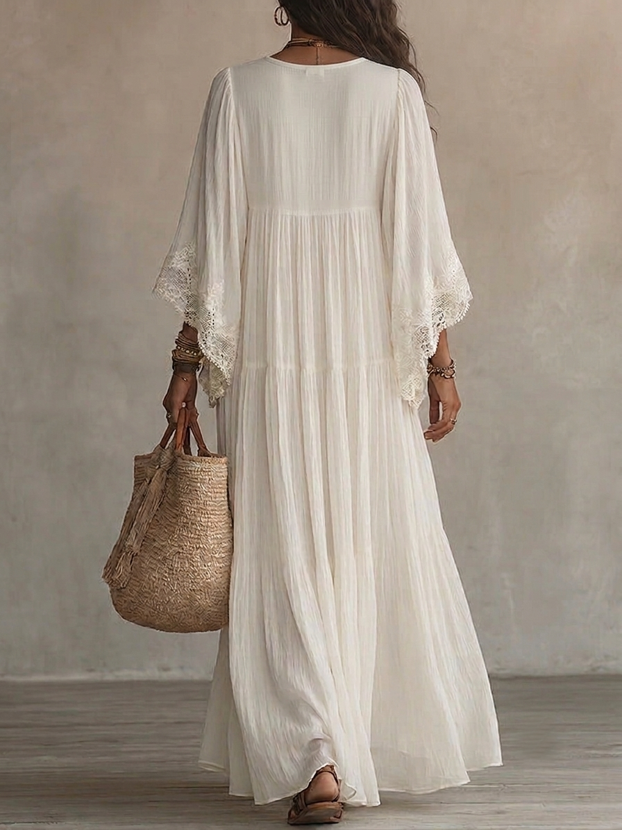 Laurel | White Lace V-neck Batwing Sleeve Chiffon Maxi Dress