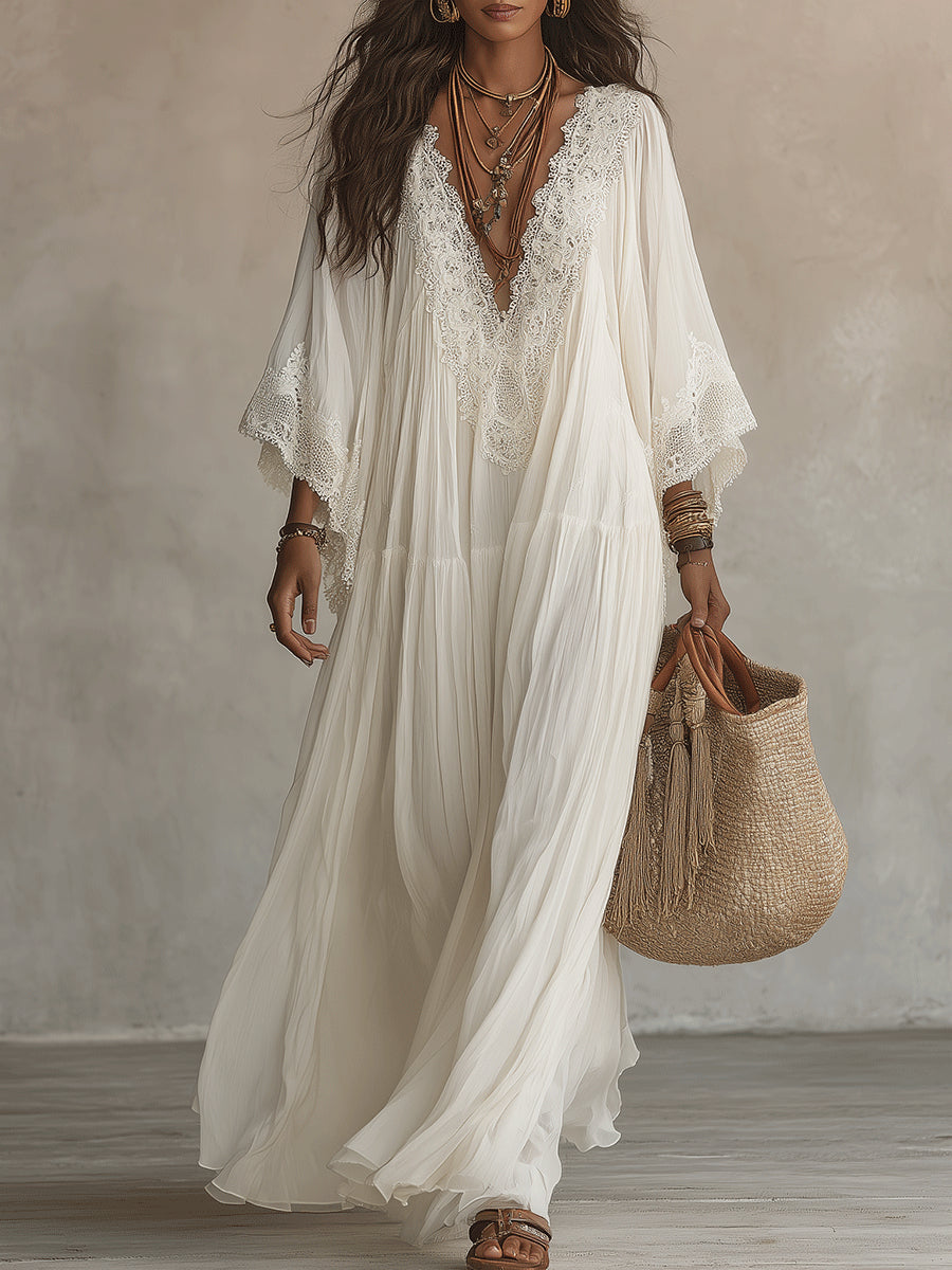 Laurel | White Lace V-neck Batwing Sleeve Chiffon Maxi Dress