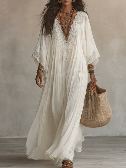 Laurel | White Lace V-neck Batwing Sleeve Chiffon Maxi Dress