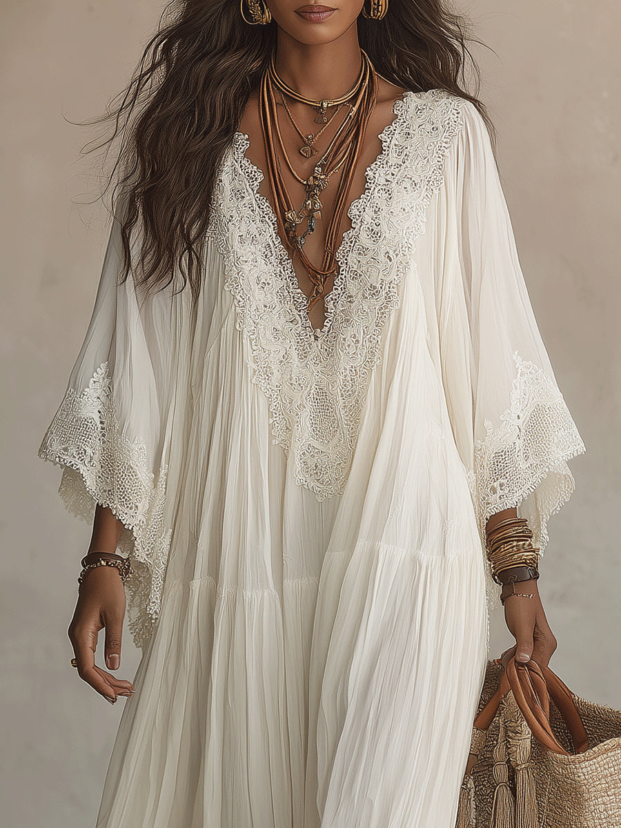 Laurel | White Lace V-neck Batwing Sleeve Chiffon Maxi Dress