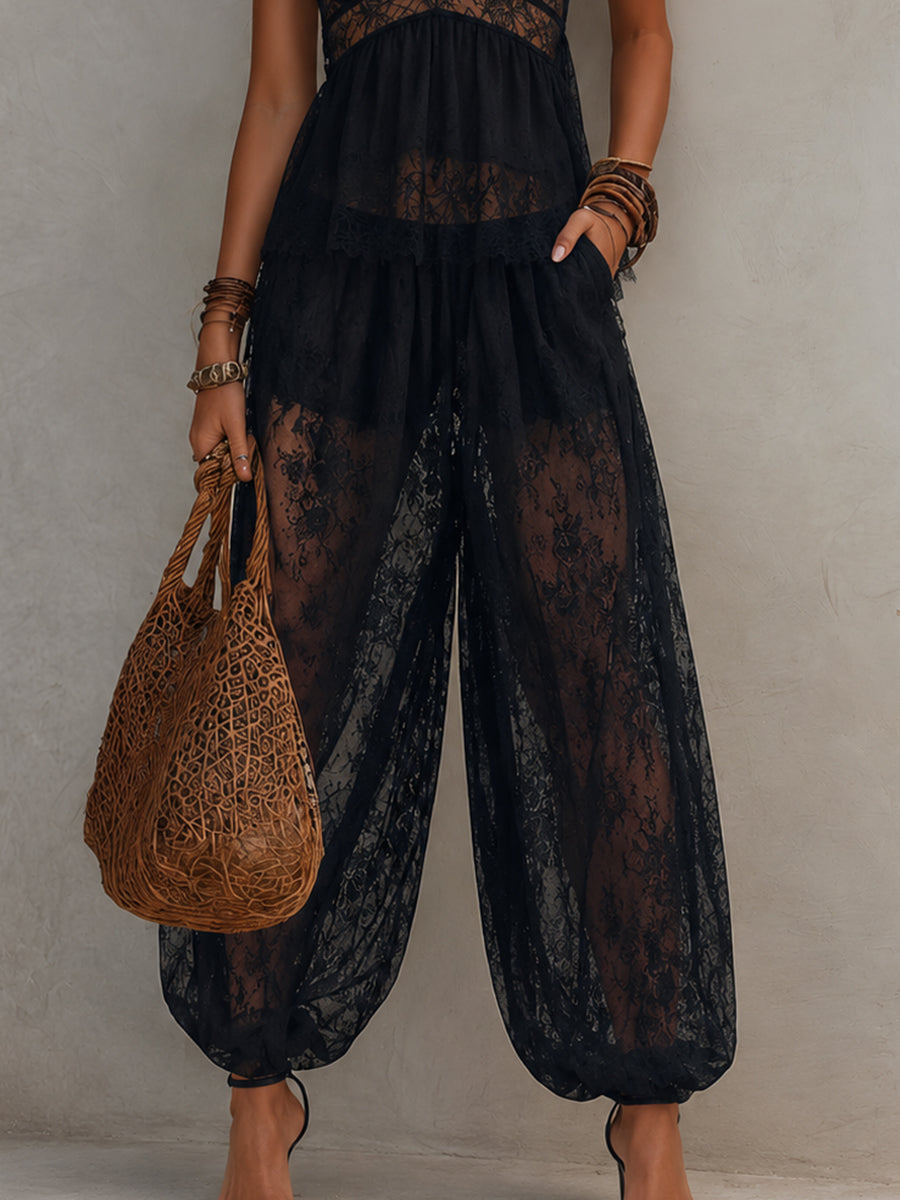 Valeria | Black Backless Lace-trimmed Tank Top and Harem Pants Set