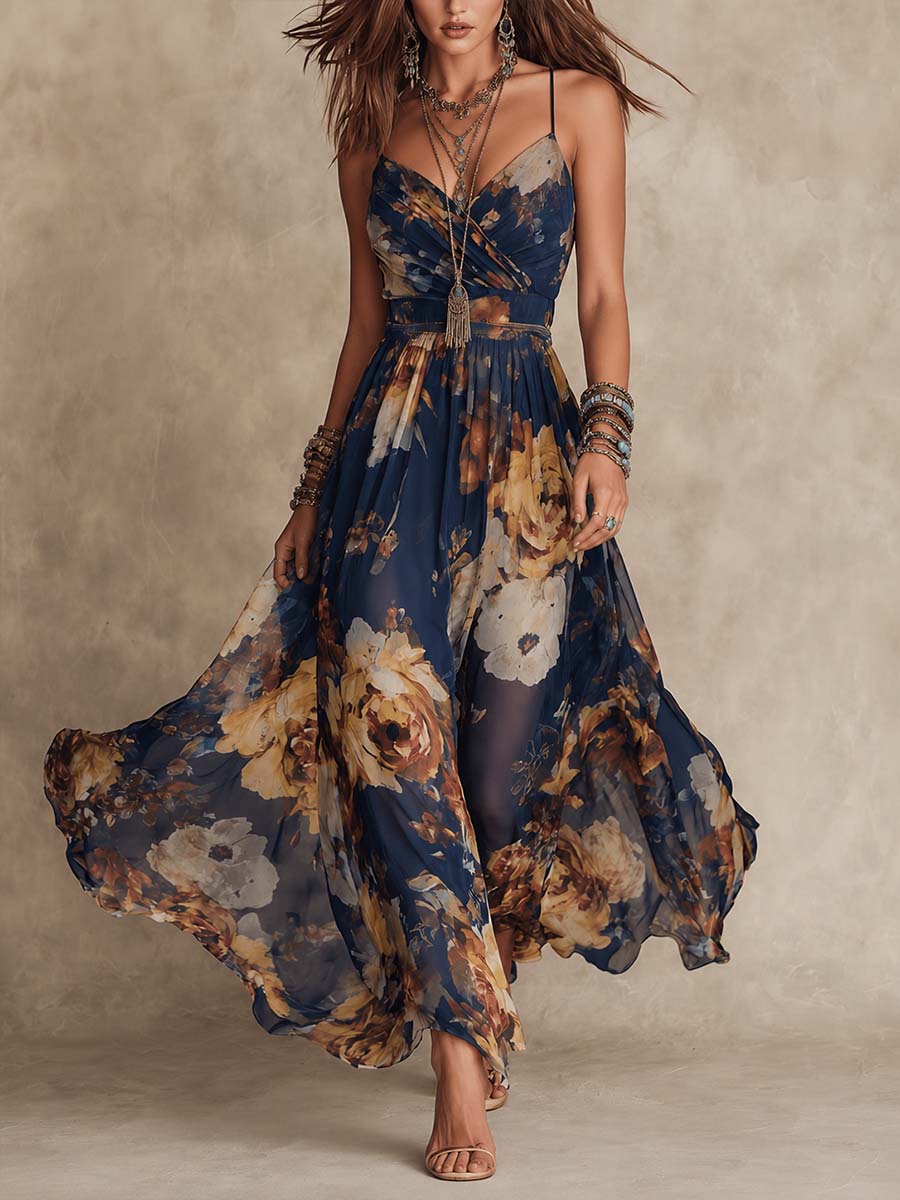 Colette | Navy Floral Chiffon Strappy Maxi Dress