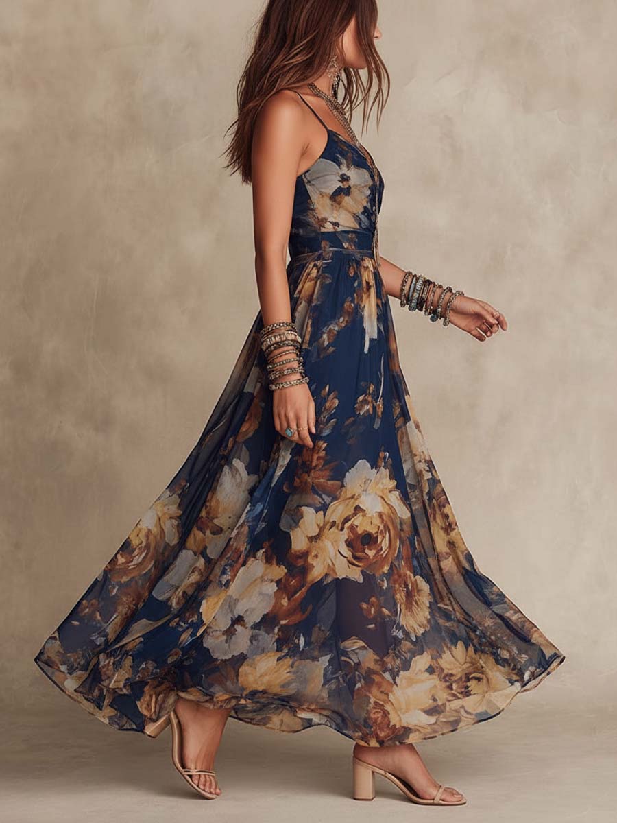 Colette | Navy Floral Chiffon Strappy Maxi Dress