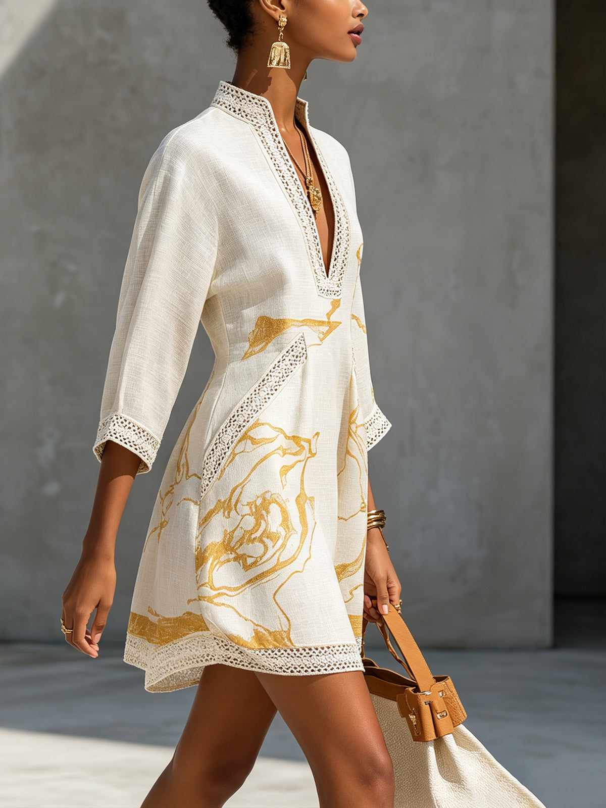 Ivory Gold Printed V-Neck Mini Dress