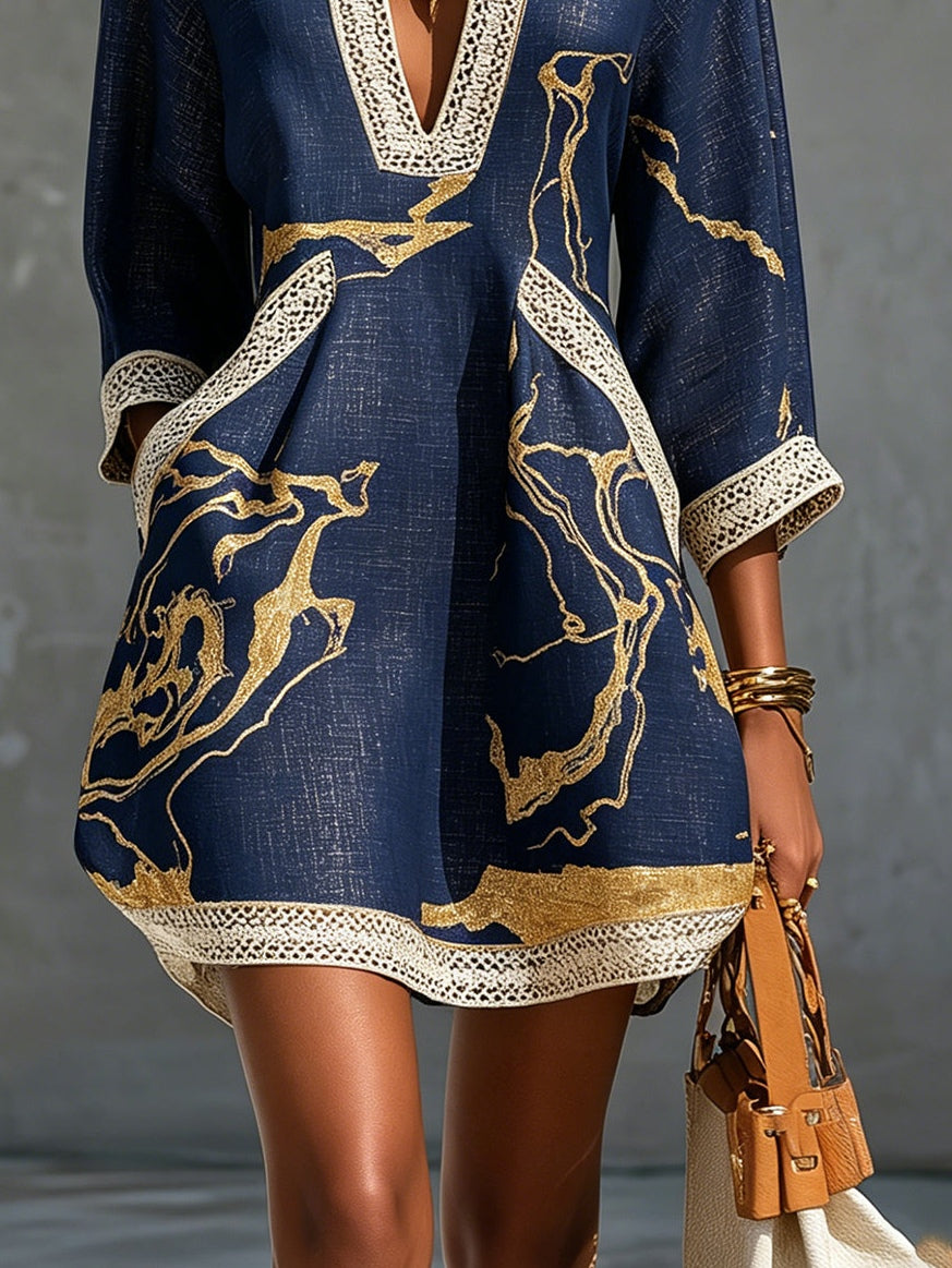 Amara | Navy Gold Printed V-neck Crochet Lace Mini Dress