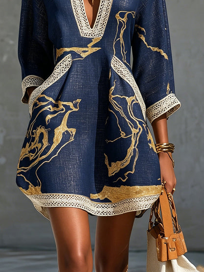 Amara | Navy Gold Printed V-neck Crochet Lace Mini Dress