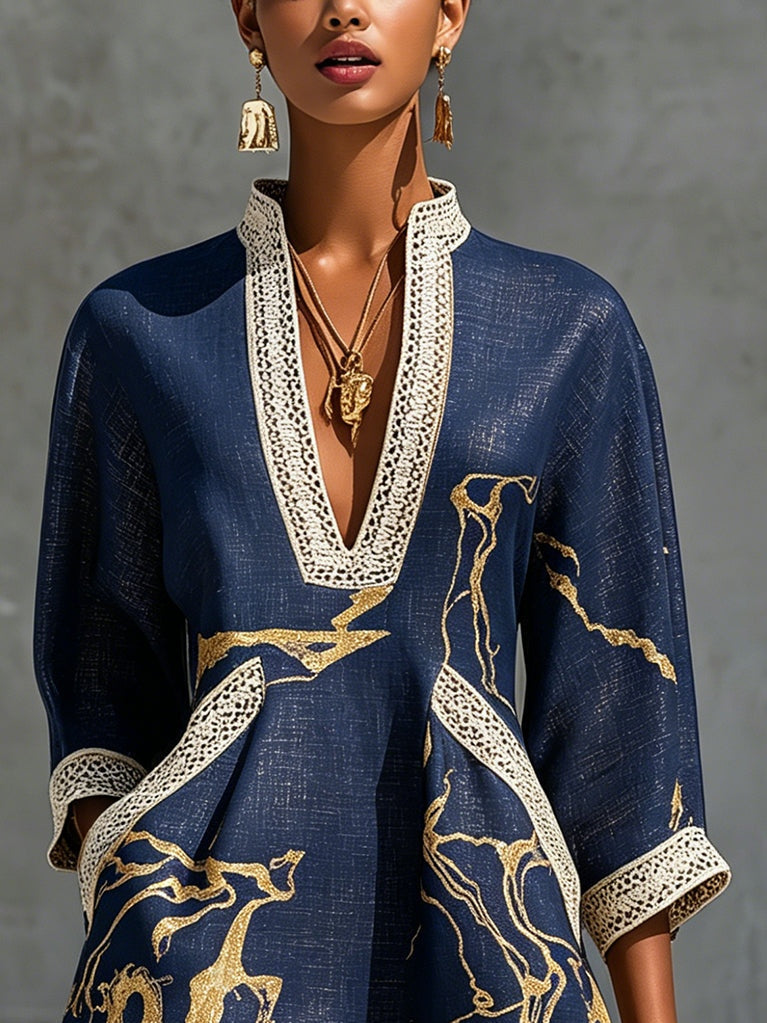 Amara | Navy Gold Printed V-neck Crochet Lace Mini Dress