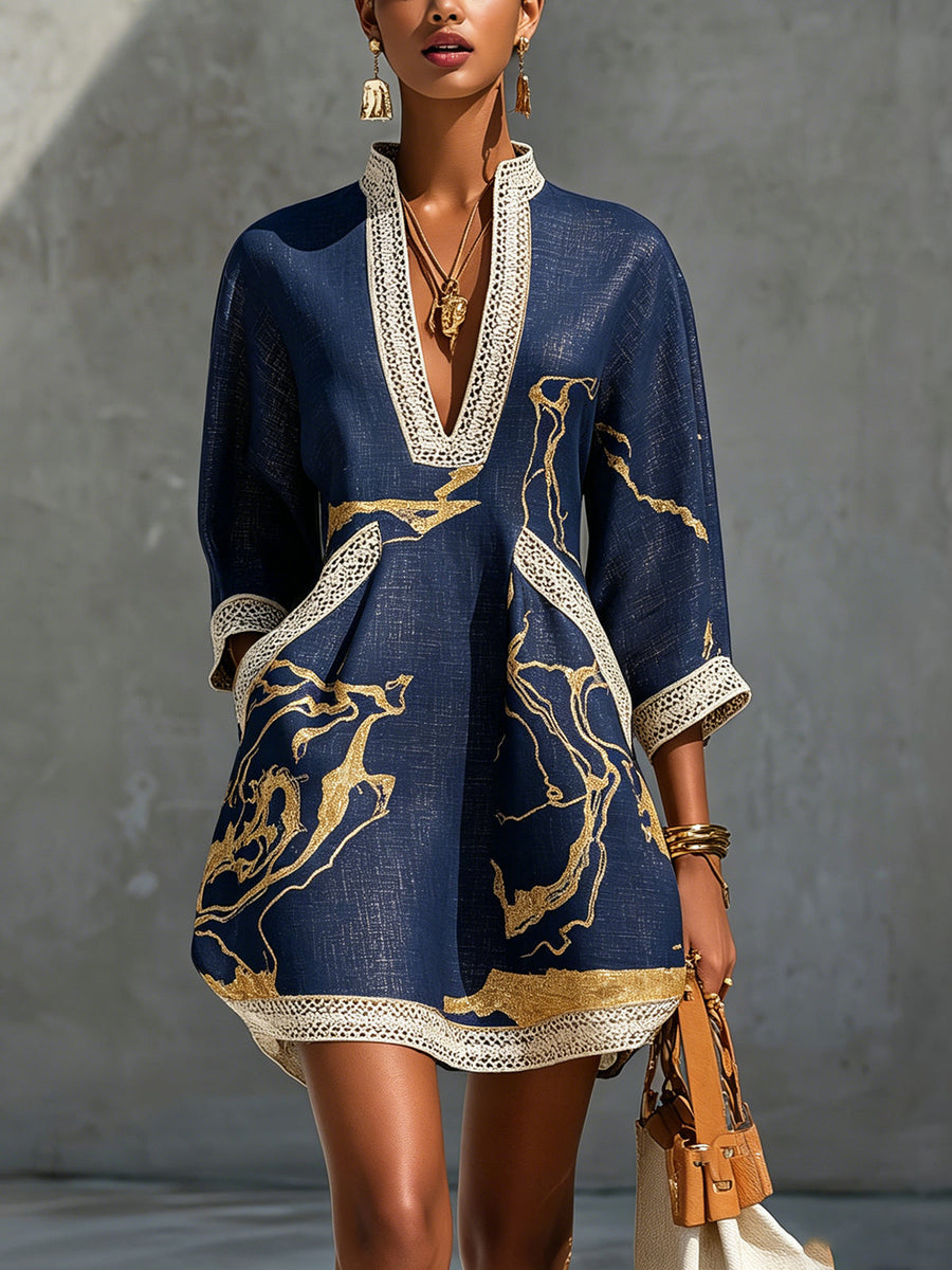 Amara | Navy Gold Printed V-neck Crochet Lace Mini Dress